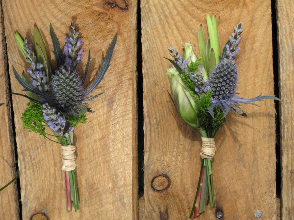 Above Thistle lavender boutonniere left and corsage with lisianthus