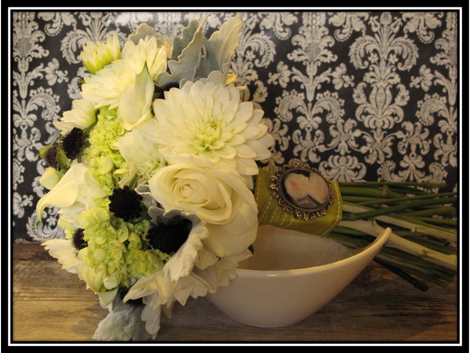 white burgundy and green wedding flowers Dahlias roses hydrangea callas 