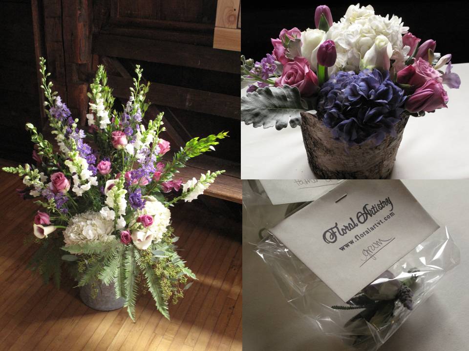 white and purple wedding flowers Vermont Wedding at The Old Lantern